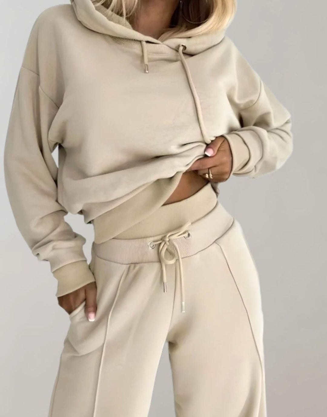Damen Cropped Freizeit Hoodie Jogginganzug Set Weites Bein - Beige