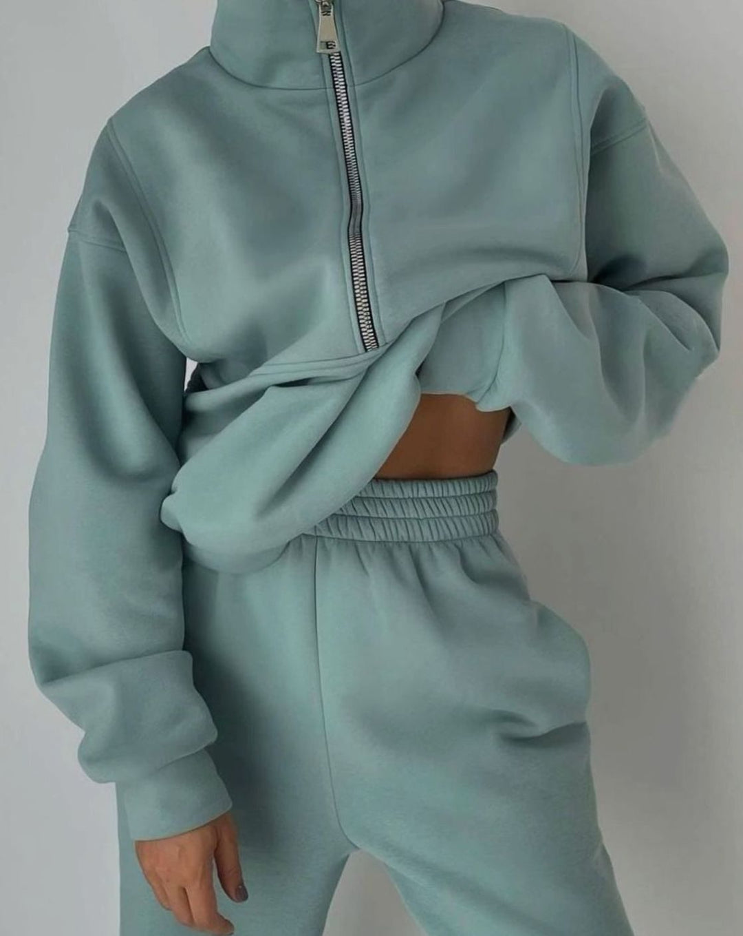 Damen Cropped Halfzip Sweatshirt und Jogginghose-Set