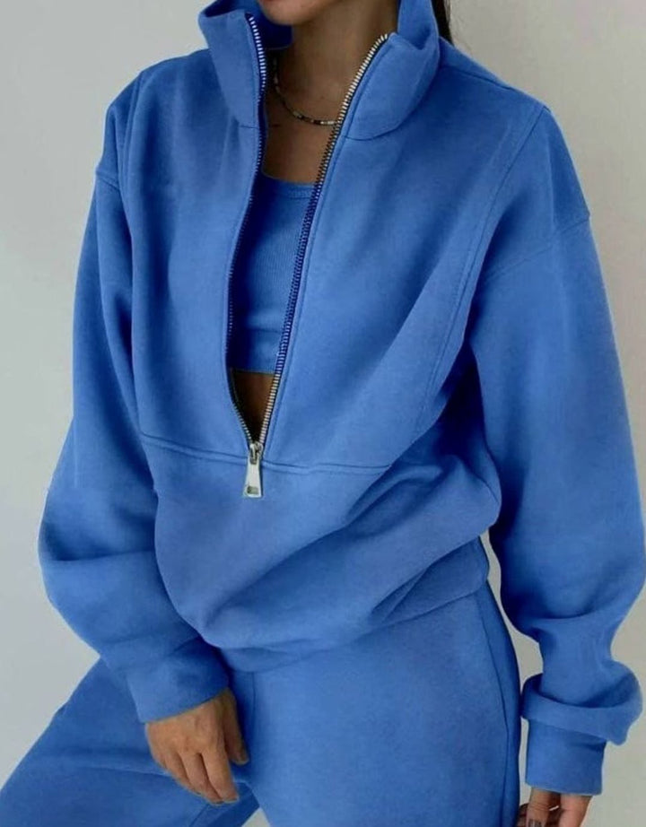 Damen Cropped Halfzip Sweatshirt und Jogginghose-Set - Blau