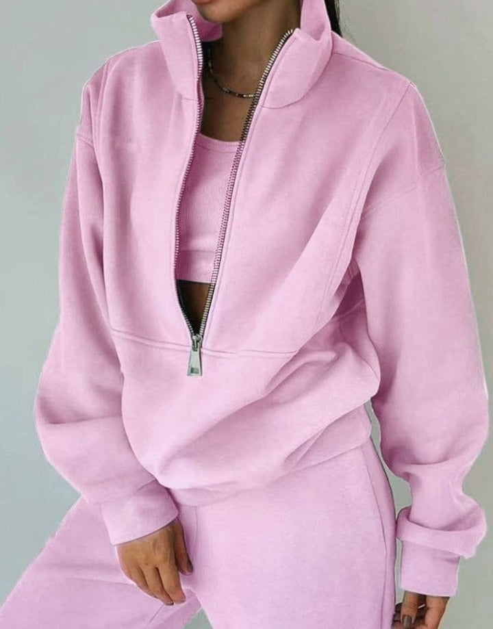 Damen Cropped Halfzip Sweatshirt und Jogginghose-Set - Rosa