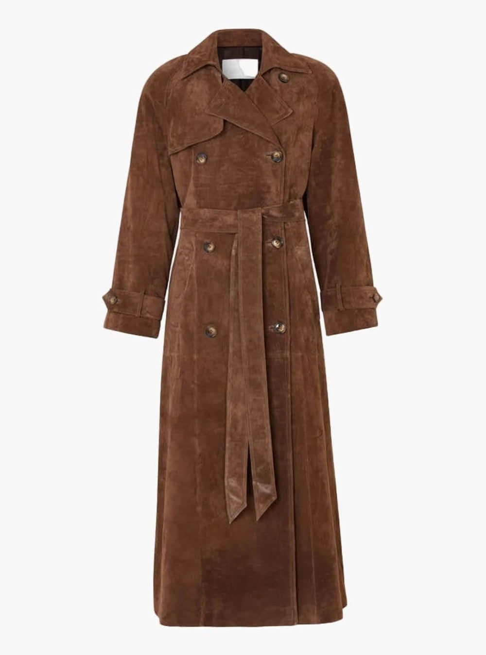 Damen Doppelknopf Mantel Wildleder Bindegürtel Trenchcoat - Braun
