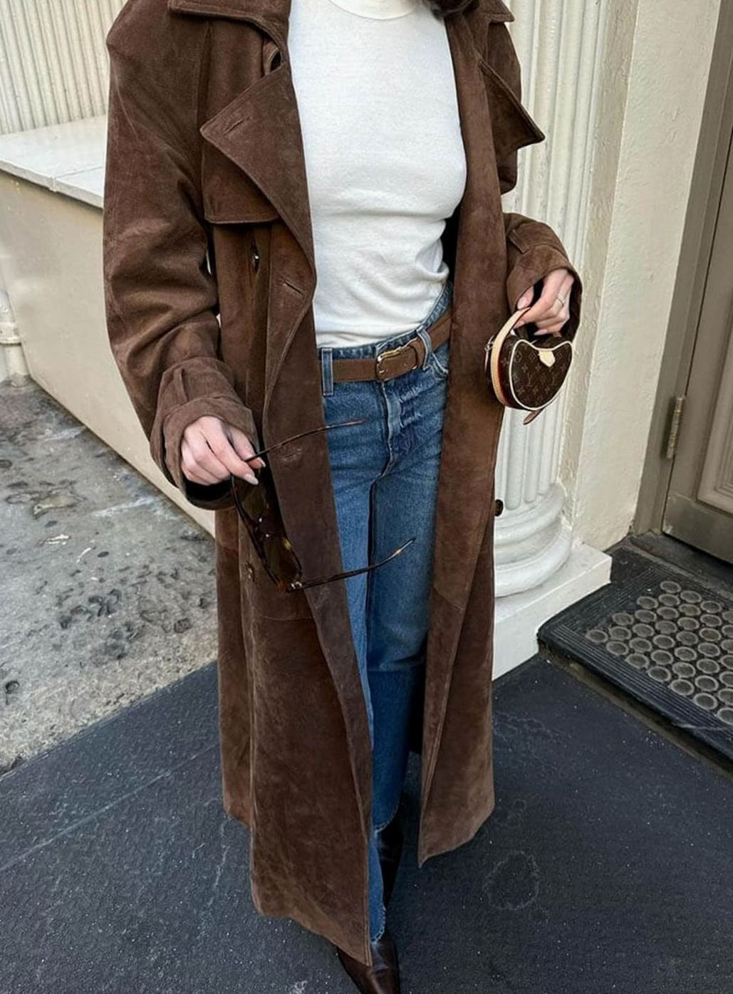 Damen Doppelknopf Mantel Wildleder Bindegürtel Trenchcoat