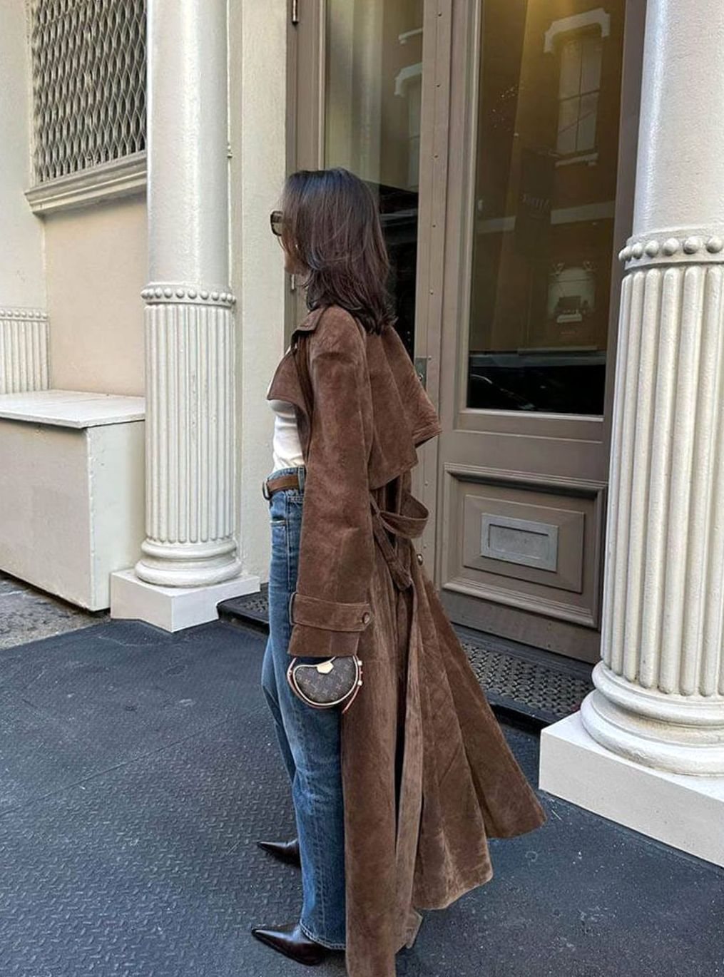 Damen Doppelknopf Mantel Wildleder Bindegürtel Trenchcoat