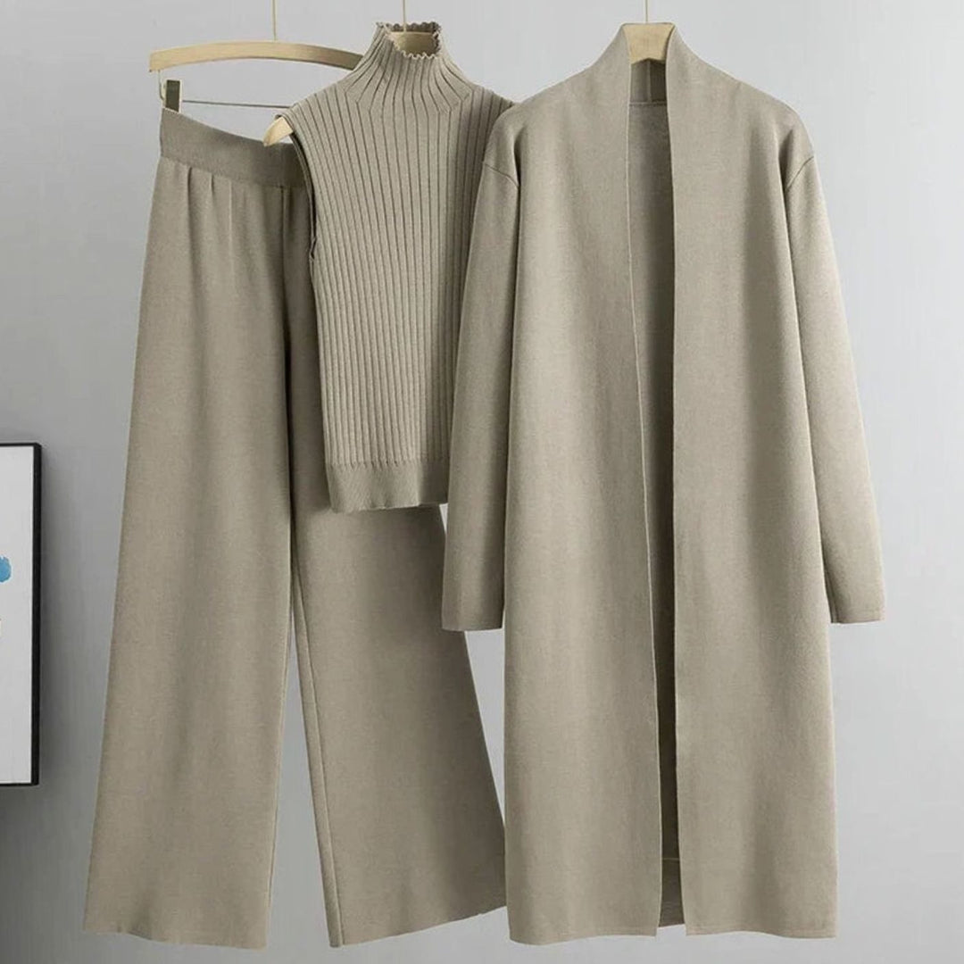 Damen Dreiteiliges Strickset Lockerer Passform Weiter Hose Longcardigan - Hellbeige