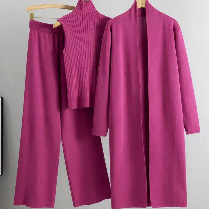 Damen Dreiteiliges Strickset Lockerer Passform Weiter Hose Longcardigan - Rosa