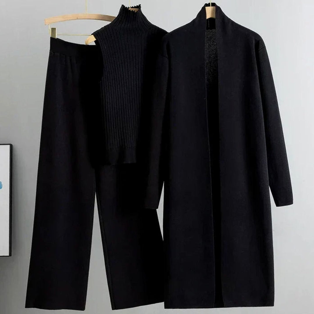 Damen Dreiteiliges Strickset Lockerer Passform Weiter Hose Longcardigan - Schwarz