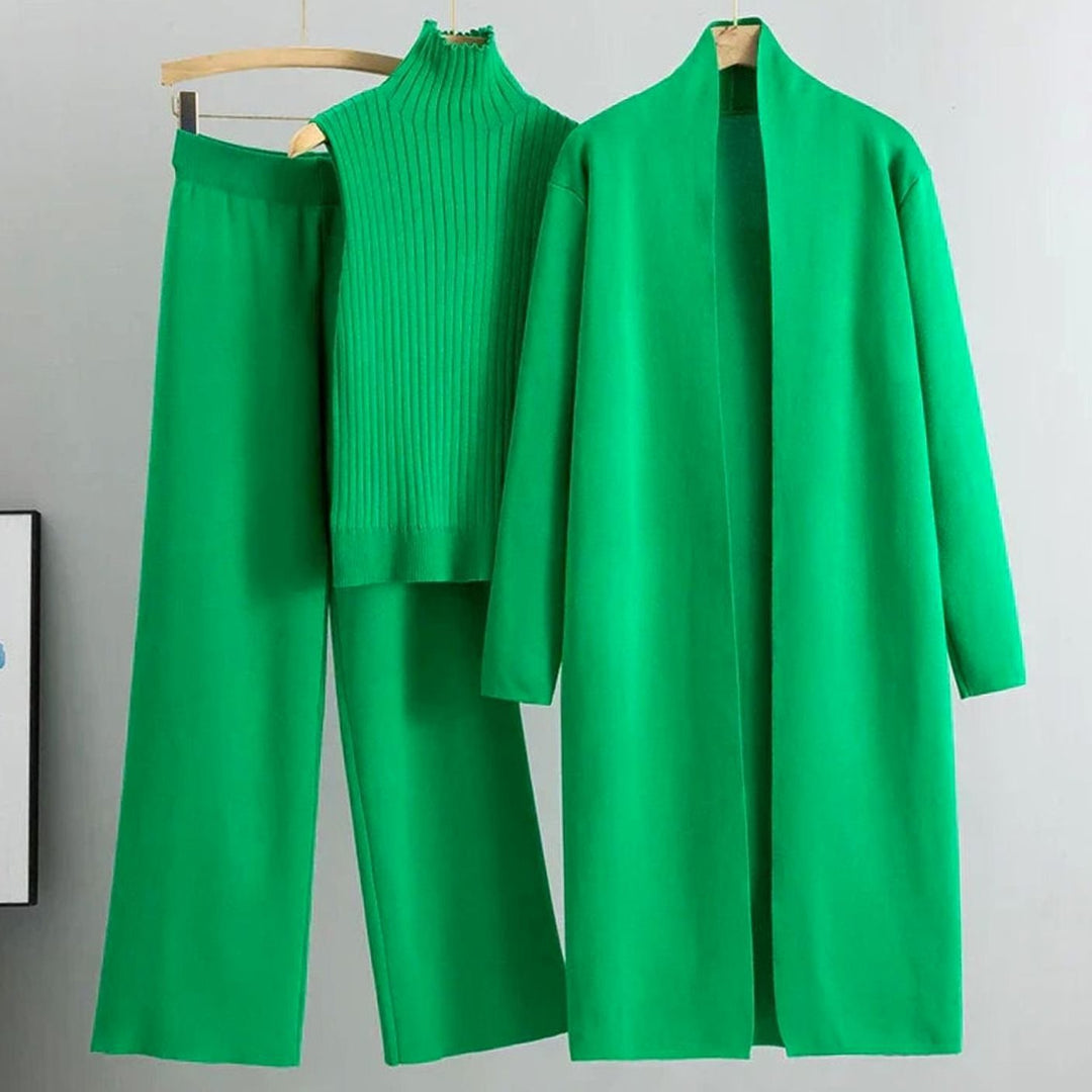 Damen Dreiteiliges Strickset Lockerer Passform Weiter Hose Longcardigan - Grün