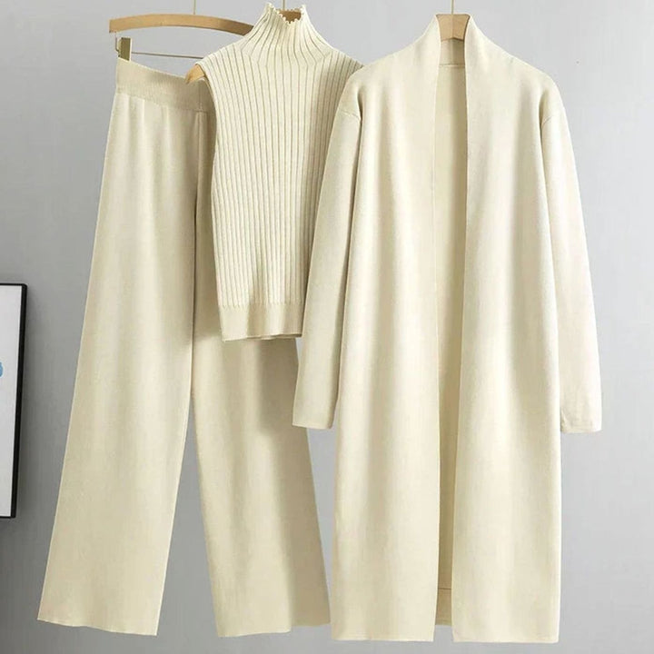 Damen Dreiteiliges Strickset Lockerer Passform Weiter Hose Longcardigan - Beige
