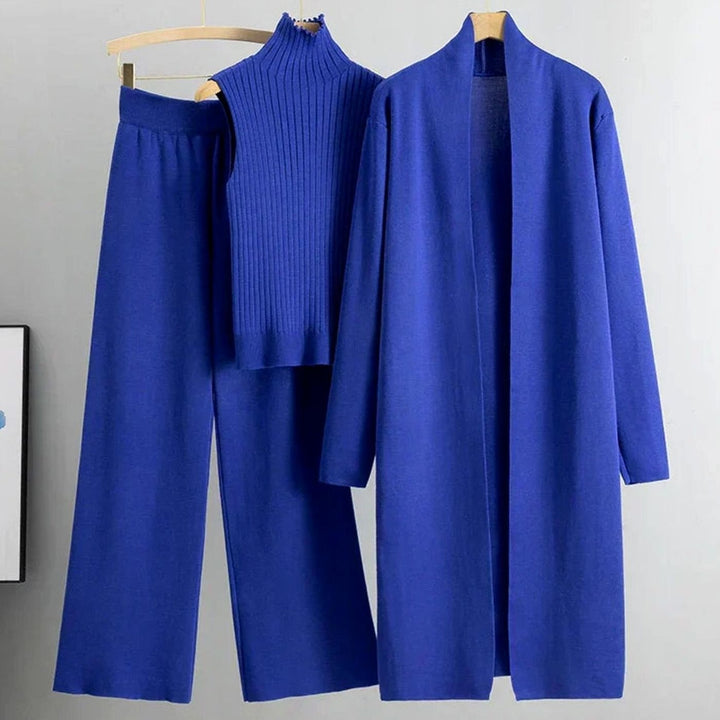 Damen Dreiteiliges Strickset Lockerer Passform Weiter Hose Longcardigan - Blau