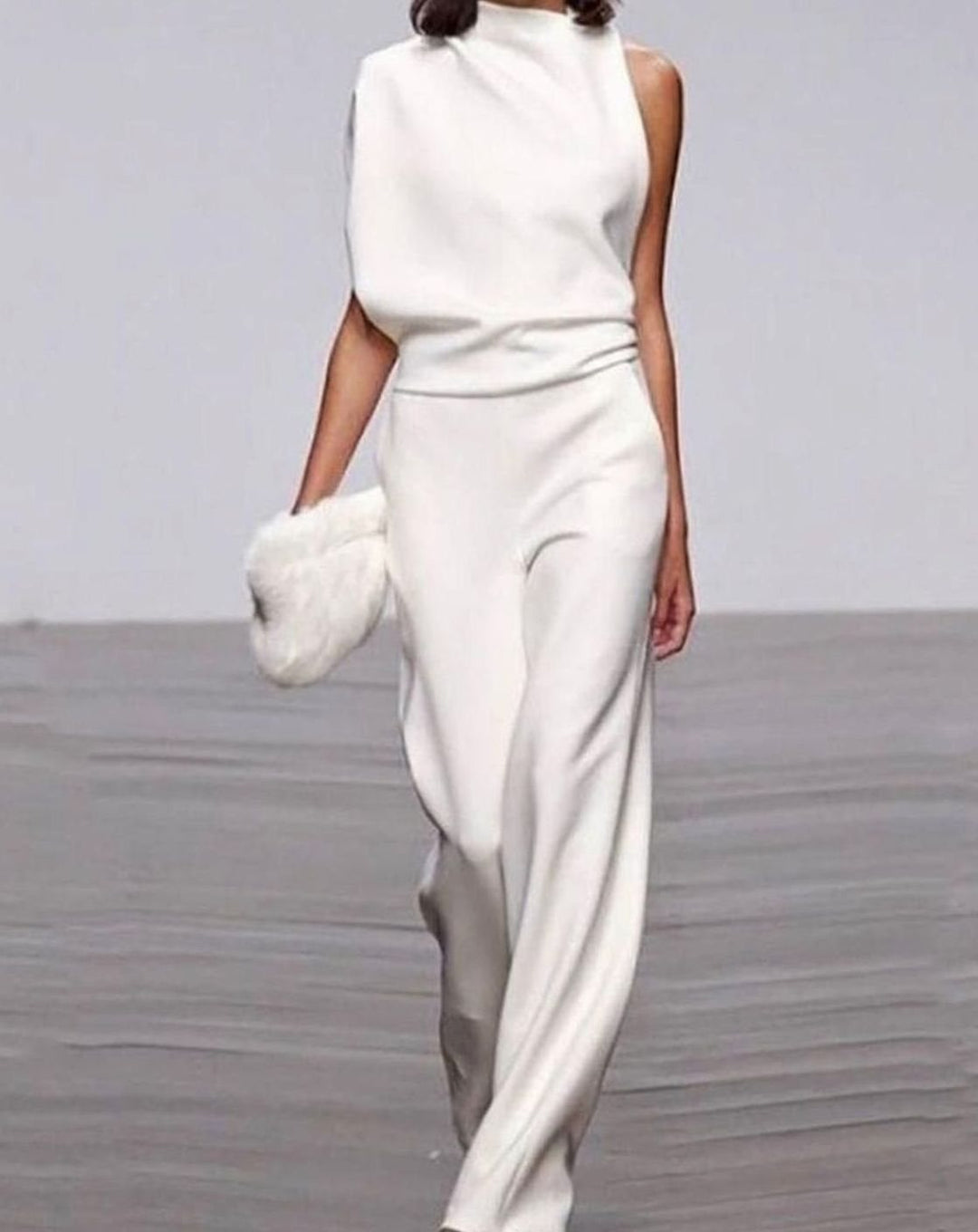 Damen Eleganter Ein-Schulter-Jumpsuit Weitem Bein Ärmellos - Weiß