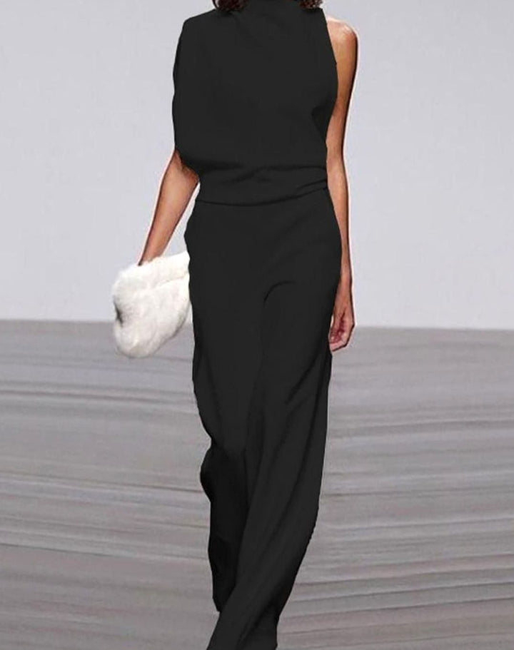 Damen Eleganter Ein-Schulter-Jumpsuit Weitem Bein Ärmellos - Schwarz