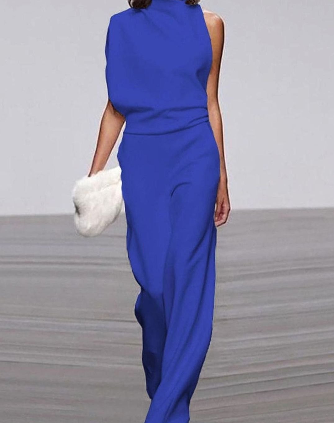 Damen Eleganter Ein-Schulter-Jumpsuit Weitem Bein Ärmellos - Blau