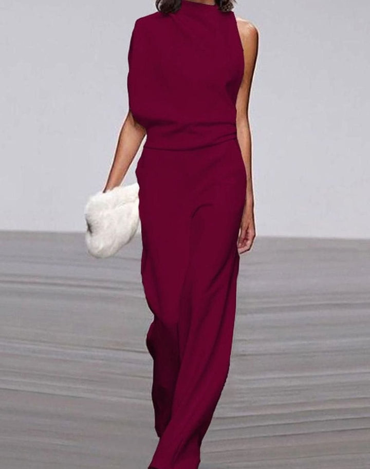 Damen Eleganter Ein-Schulter-Jumpsuit Weitem Bein Ärmellos - Dunkelrot