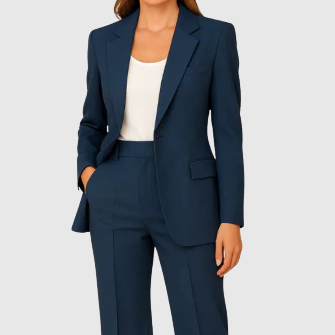 Damen Eleganter Langer Blazer und Hose Tailliertes Anzug-Set - Marineblau