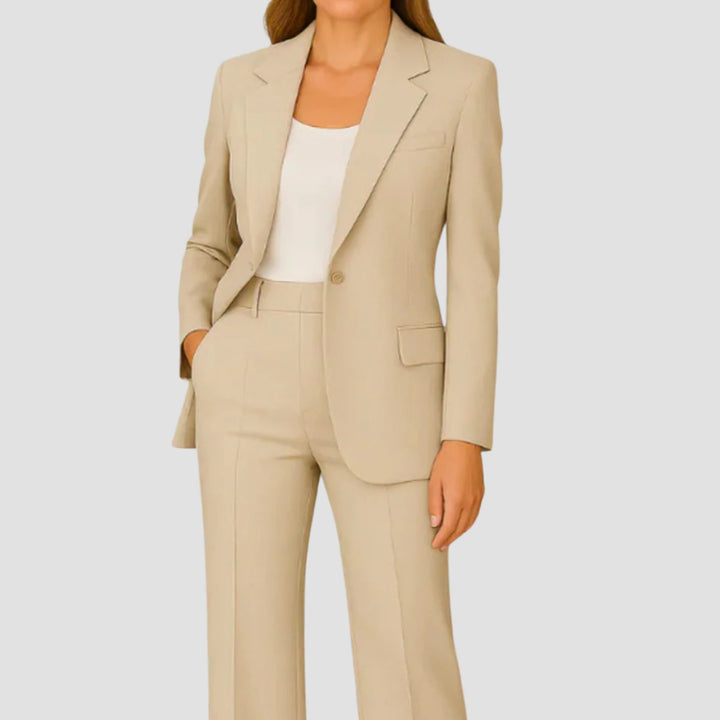Damen Eleganter Langer Blazer und Hose Tailliertes Anzug-Set - Beige