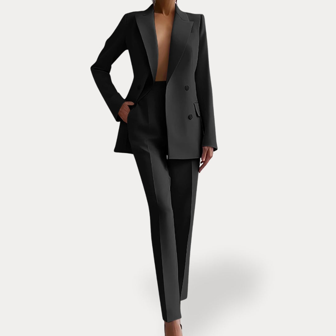 Damen Eleganter Taillierter Hosenanzug mit langem Blazer - Schwarz