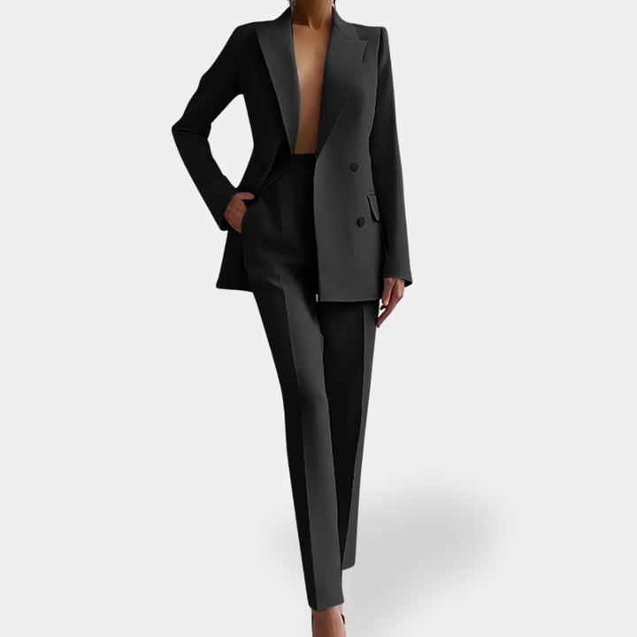 Damen Eleganter Taillierter Hosenanzug mit langem Blazer - Schwarz