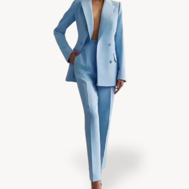 Damen Eleganter Taillierter Hosenanzug mit langem Blazer - Hellblau