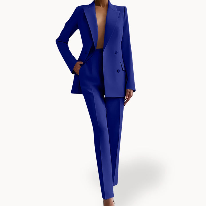 Damen Eleganter Taillierter Hosenanzug mit langem Blazer - Blau