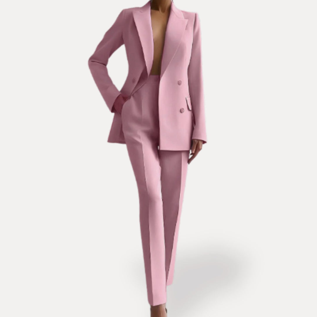 Damen Eleganter Taillierter Hosenanzug mit langem Blazer - Rosa