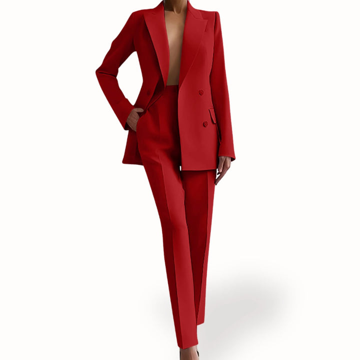 Damen Eleganter Taillierter Hosenanzug mit langem Blazer - Rot