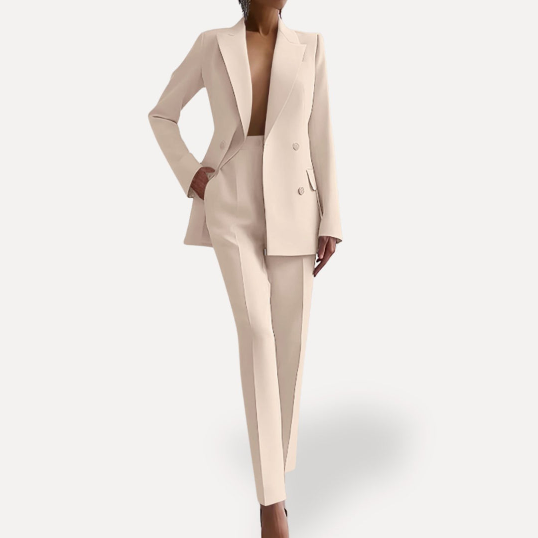 Damen Eleganter Taillierter Hosenanzug mit langem Blazer - Weiß