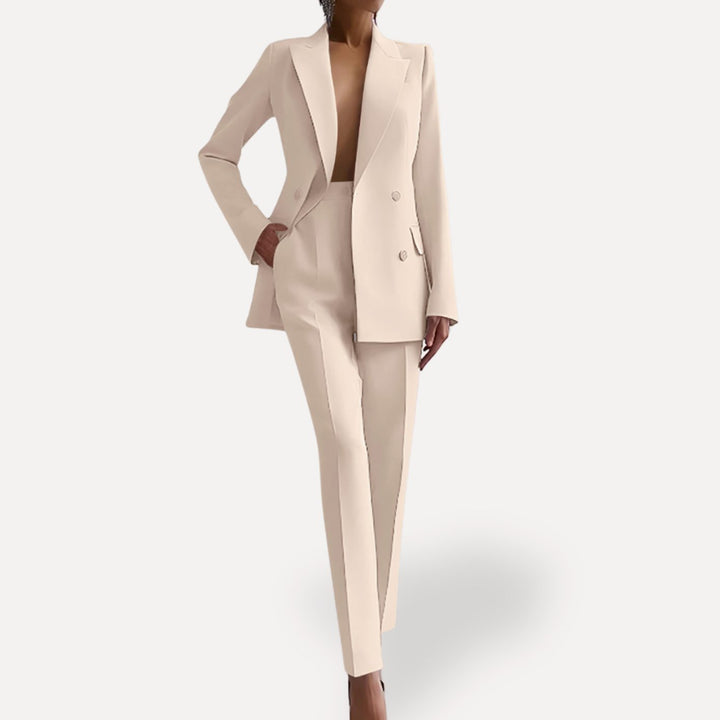 Damen Eleganter Taillierter Hosenanzug mit langem Blazer - Weiß