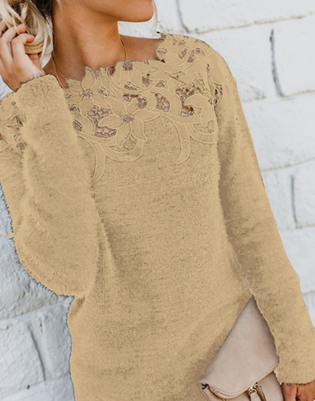 Damen Flausch-Pullover mit Blumen-Spitzenkragen Langarm - Khaki