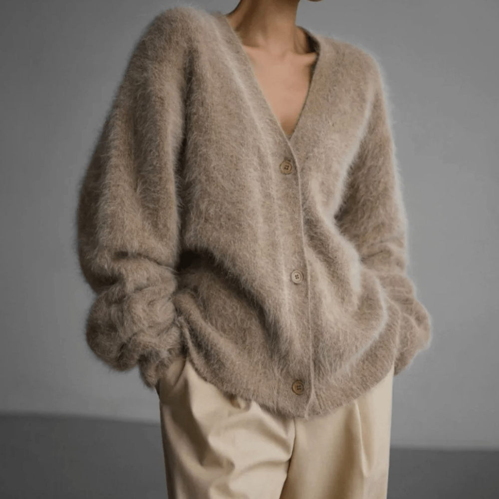Damen Flauschige Oversized Strickjacke mit Knopfleiste V-Ausschnitt