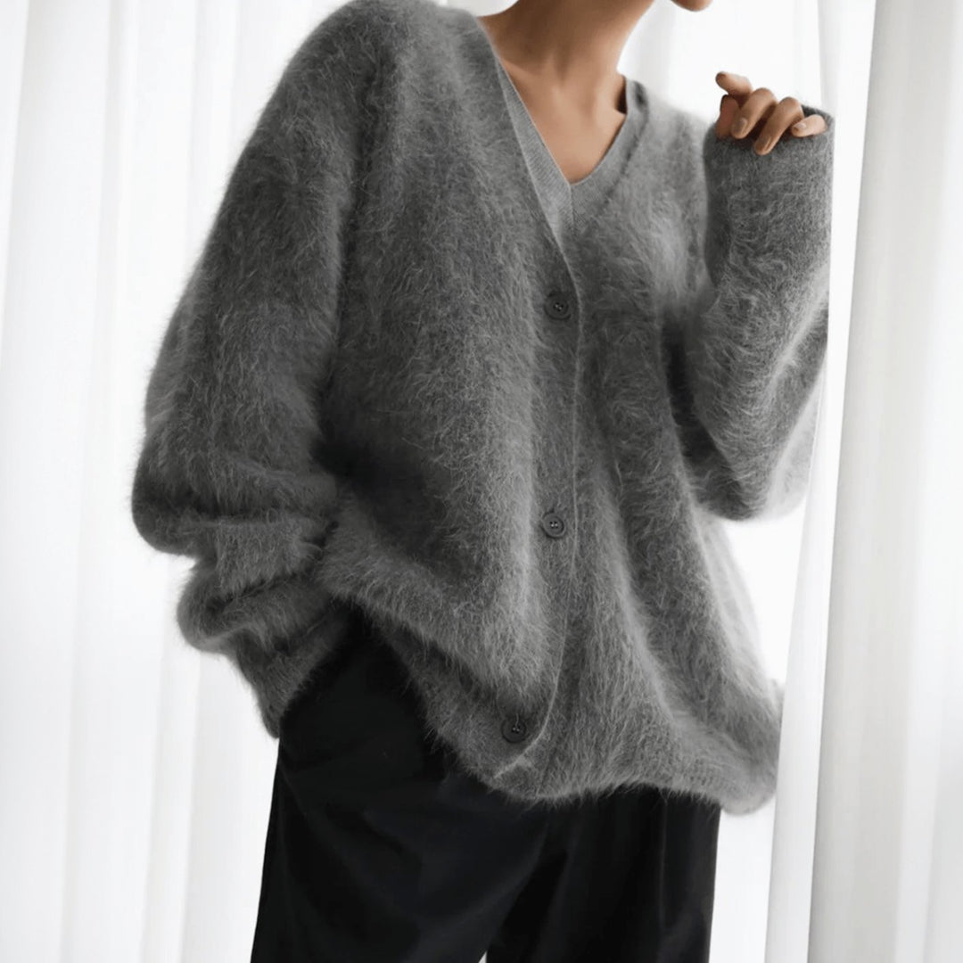 Damen Flauschige Oversized Strickjacke mit Knopfleiste V-Ausschnitt