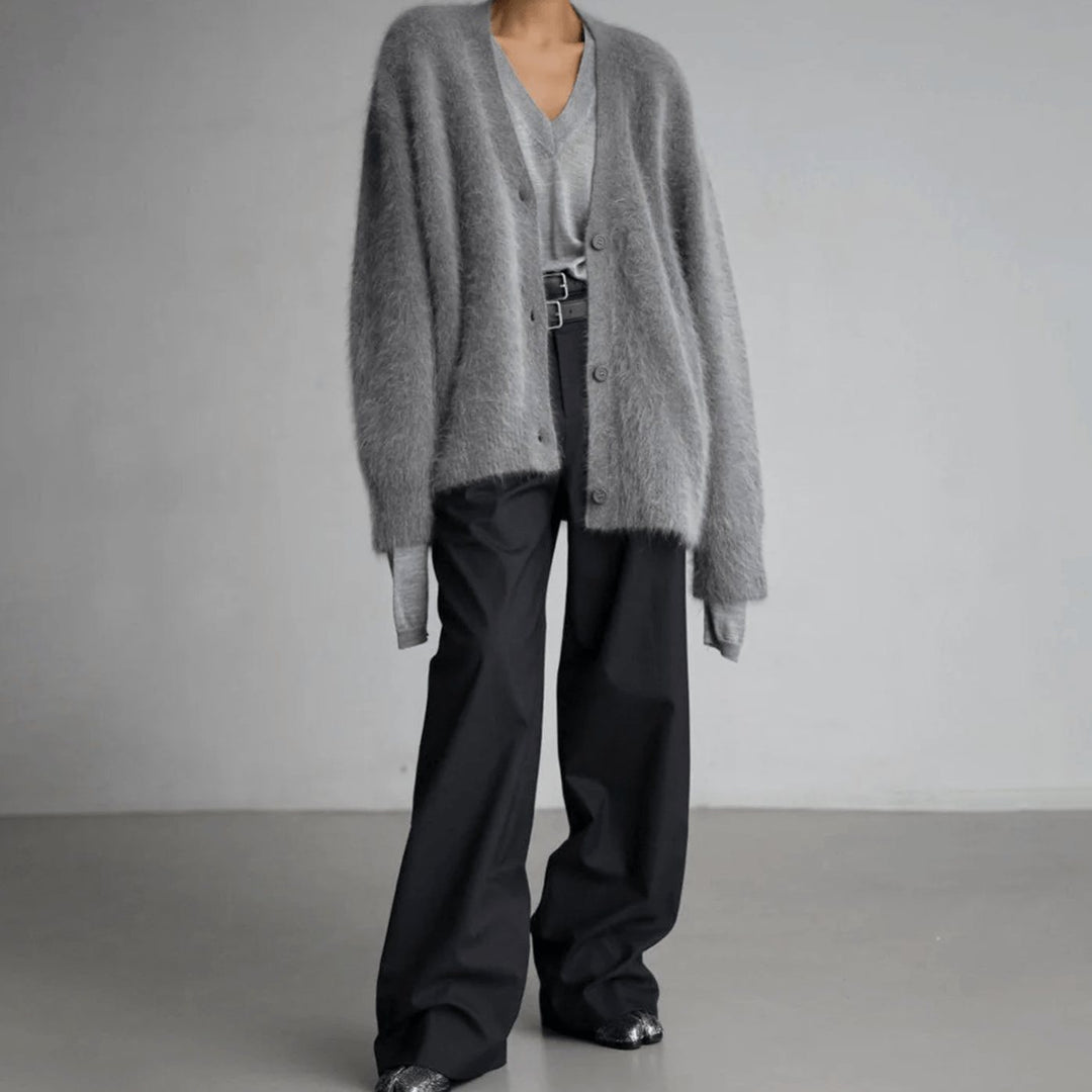 Damen Flauschige Oversized Strickjacke mit Knopfleiste V-Ausschnitt