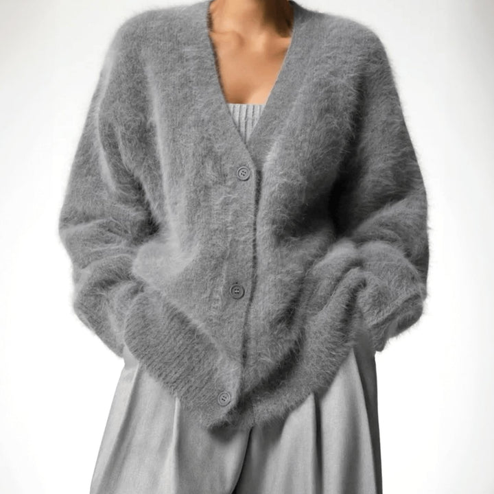 Damen Flauschige Oversized Strickjacke mit Knopfleiste V-Ausschnitt