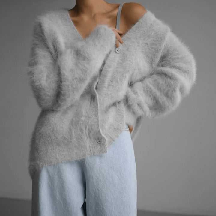 Damen Flauschige Oversized Strickjacke mit Knopfleiste V-Ausschnitt - Platingrau