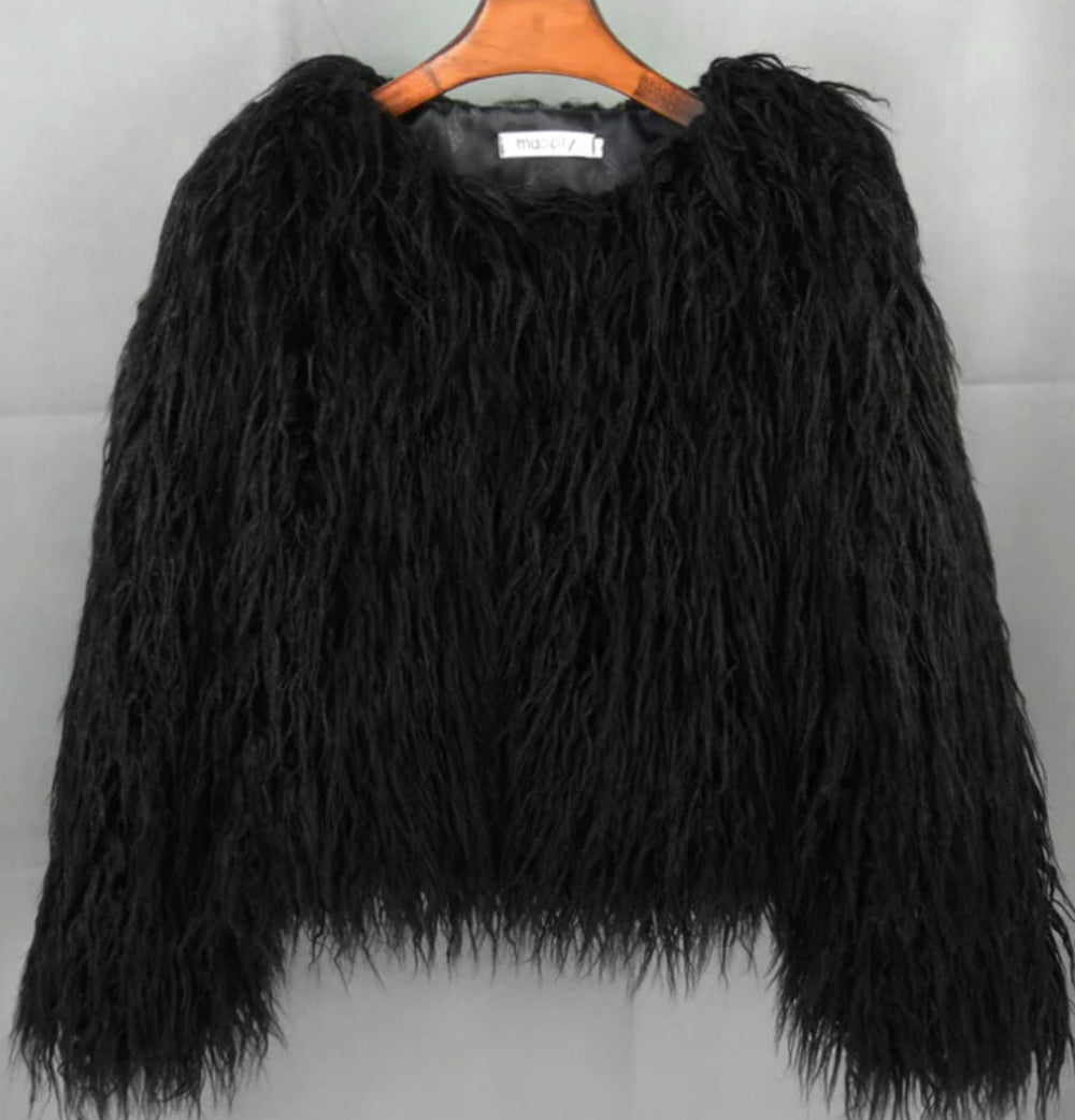 Damen Flauschige Winterjacke Oversized Cropped Kunstfell - Schwarz