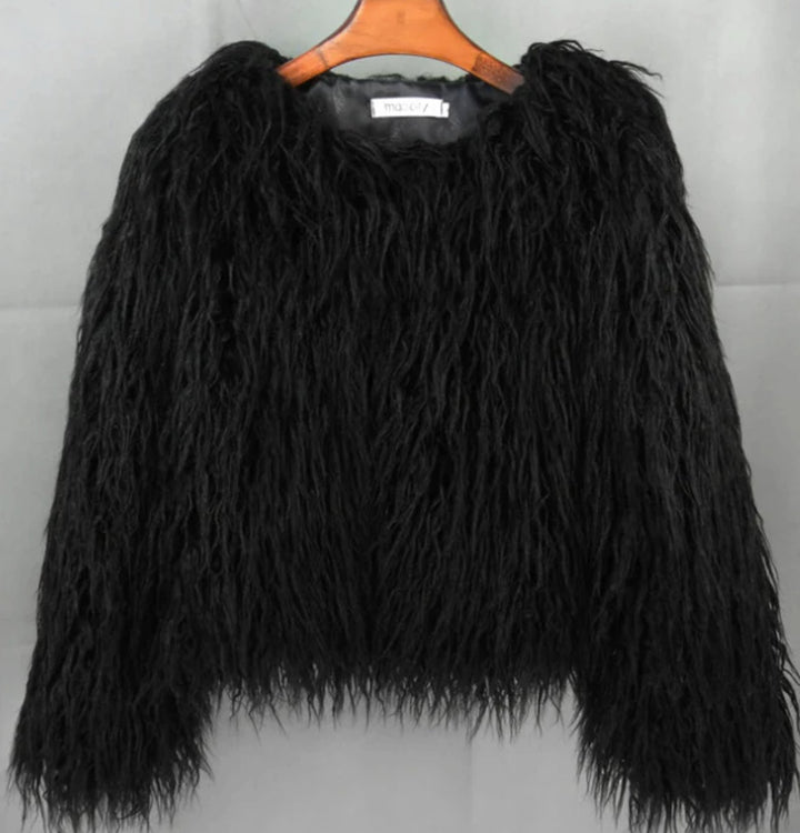 Damen Flauschige Winterjacke Oversized Cropped Kunstfell - Schwarz
