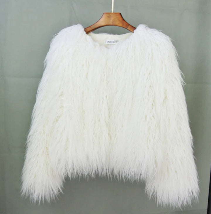 Damen Flauschige Winterjacke Oversized Cropped Kunstfell - Weiß