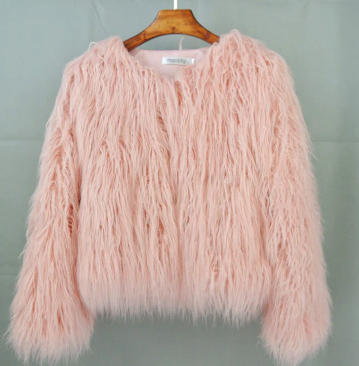 Damen Flauschige Winterjacke Oversized Cropped Kunstfell - Rosa