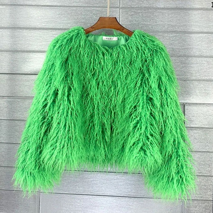 Damen Flauschige Winterjacke Oversized Cropped Kunstfell - Grün