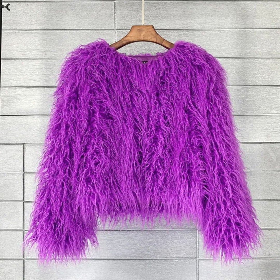 Damen Flauschige Winterjacke Oversized Cropped Kunstfell - Lila