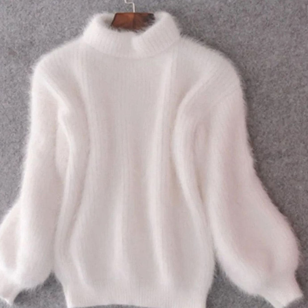 Damen Flauschiger Rollkragen Winterpullover mit hohem Kragen Oversized - Weiß