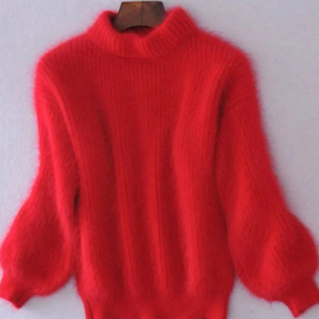 Damen Flauschiger Rollkragen Winterpullover mit hohem Kragen Oversized - Rot
