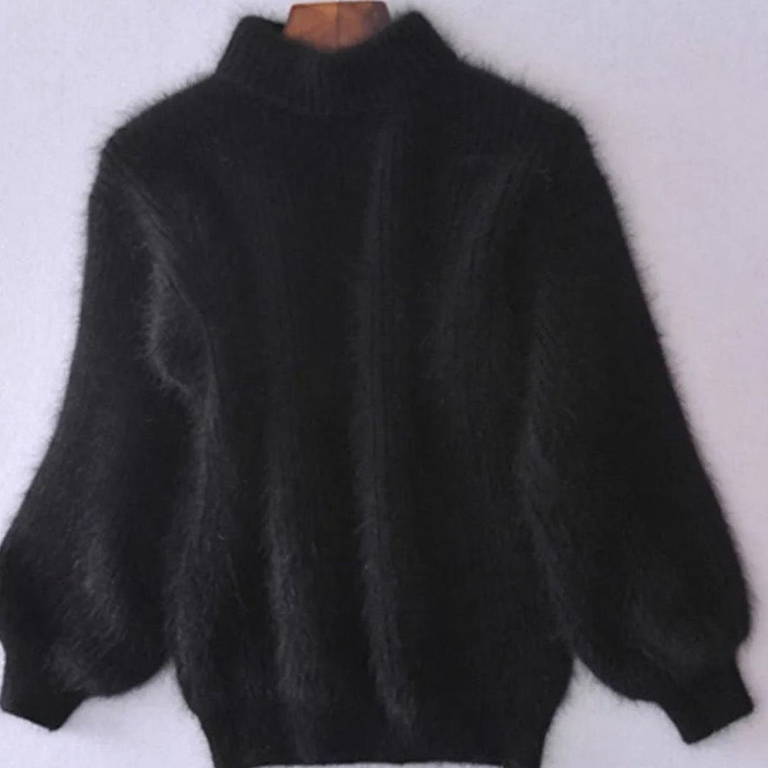 Damen Flauschiger Rollkragen Winterpullover mit hohem Kragen Oversized - Schwarz