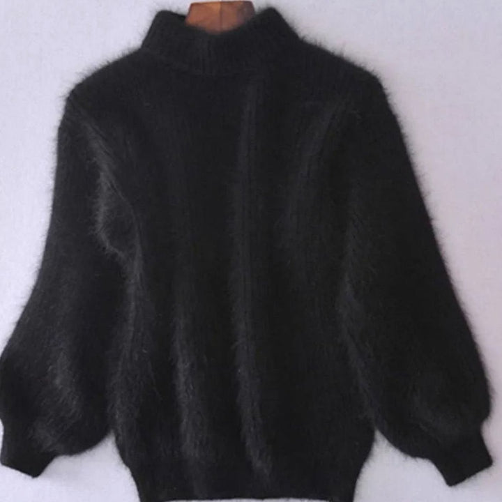 Damen Flauschiger Rollkragen Winterpullover mit hohem Kragen Oversized - Schwarz