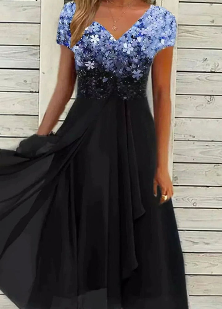 Damen Fließendes Blumen-Midikleid mit kurzen Ärmeln V-Ausschnitt - Blau Schwarz