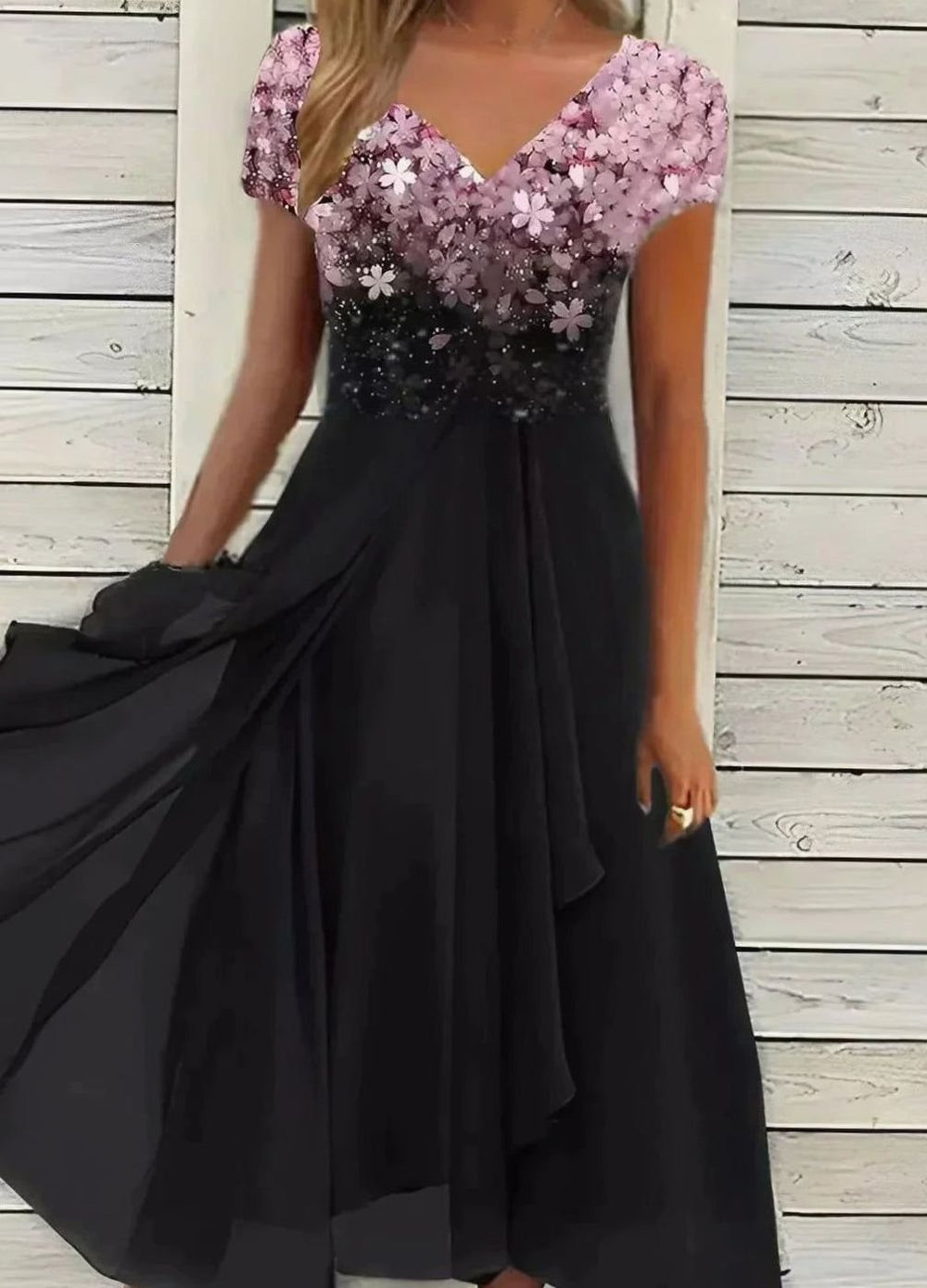 Damen Fließendes Blumen-Midikleid mit kurzen Ärmeln V-Ausschnitt - Rosa Schwarz