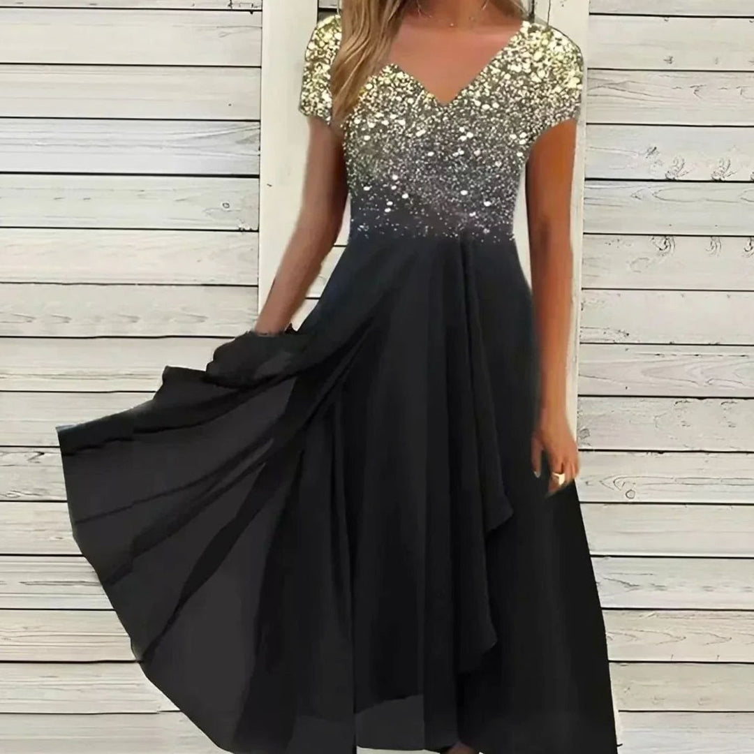 Damen Fließendes Blumen-Midikleid mit kurzen Ärmeln V-Ausschnitt - Gold Schwarz