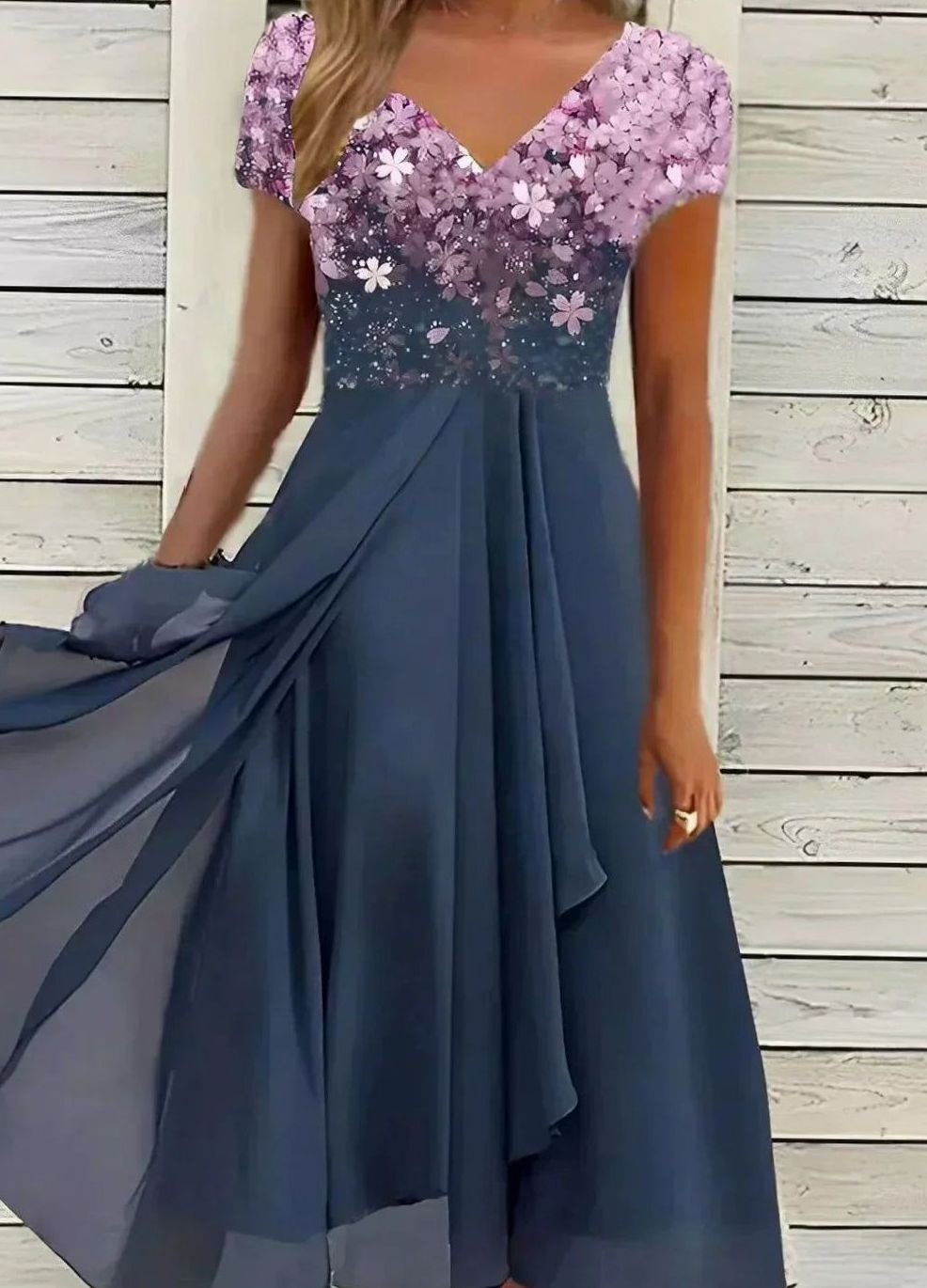 Damen Fließendes Blumen-Midikleid mit kurzen Ärmeln V-Ausschnitt - Rosa Blau