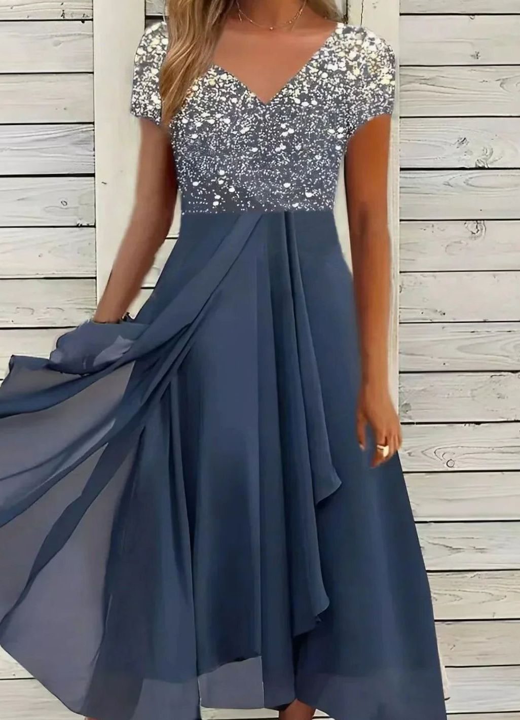Damen Fließendes Blumen-Midikleid mit kurzen Ärmeln V-Ausschnitt - Silber Blau