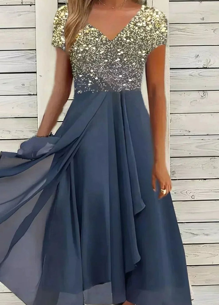 Damen Fließendes Blumen-Midikleid mit kurzen Ärmeln V-Ausschnitt - Gold Blau