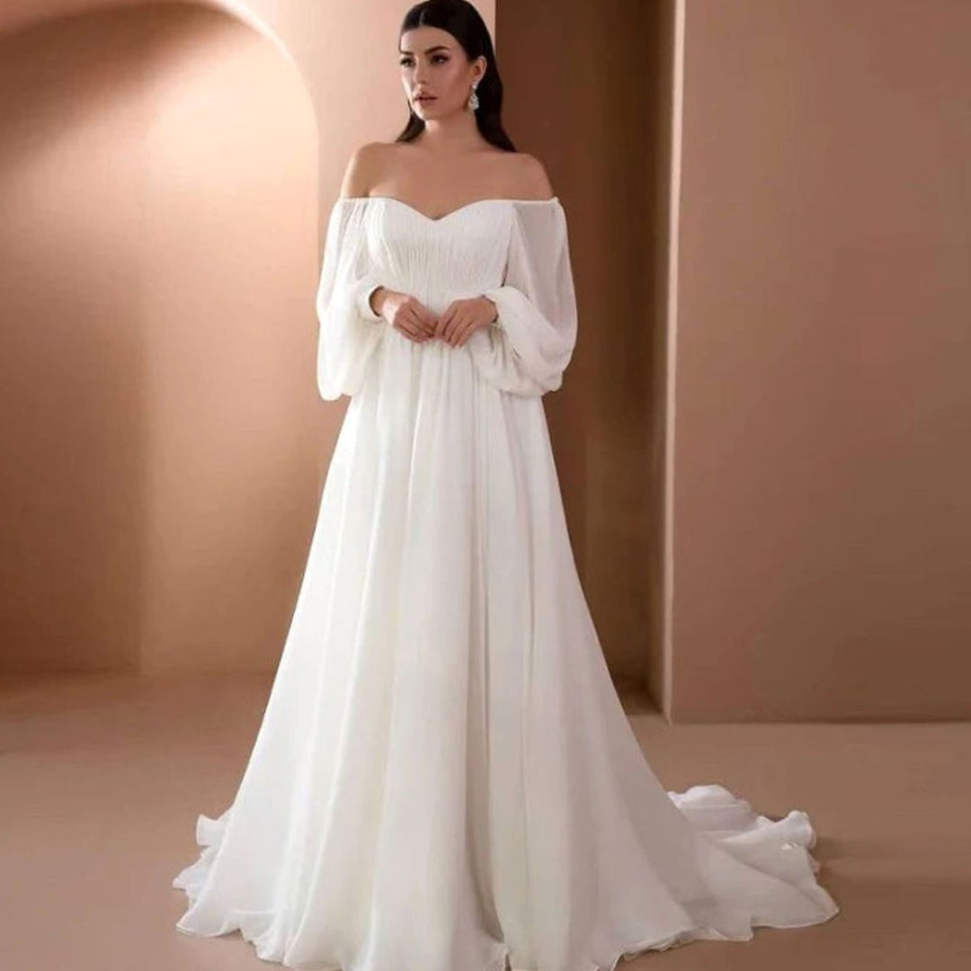 Damen Fließendes Brautgast-Maxikleid mit Carmen-Ausschnitt Puffärmeln - Weiß